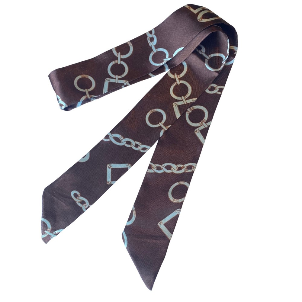 Brown Burgundy-Toned White Chains Silky Bag Twilly Scarf New